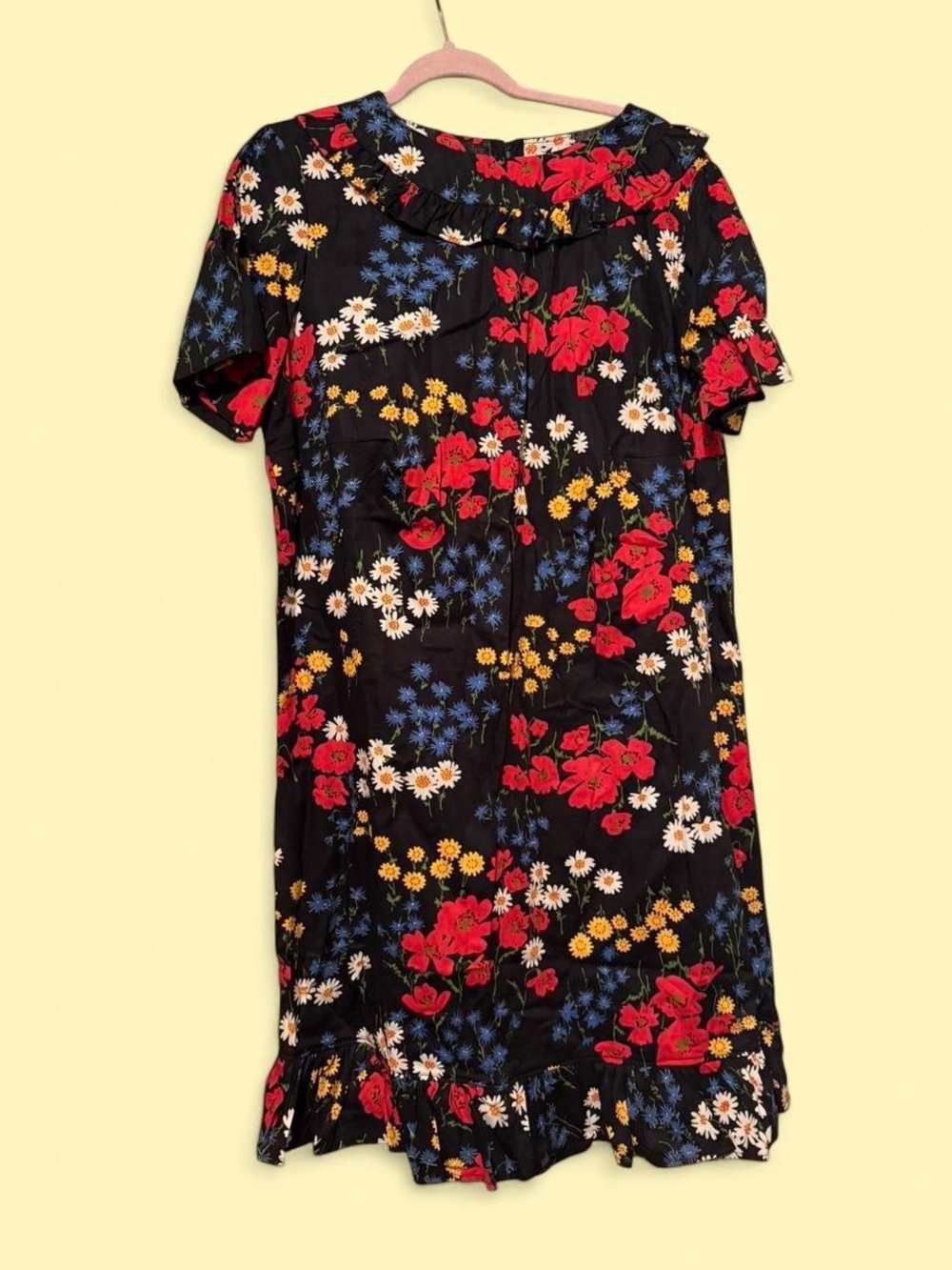 Vintage 60s Black floral midi dress with ruffle neckline and hem